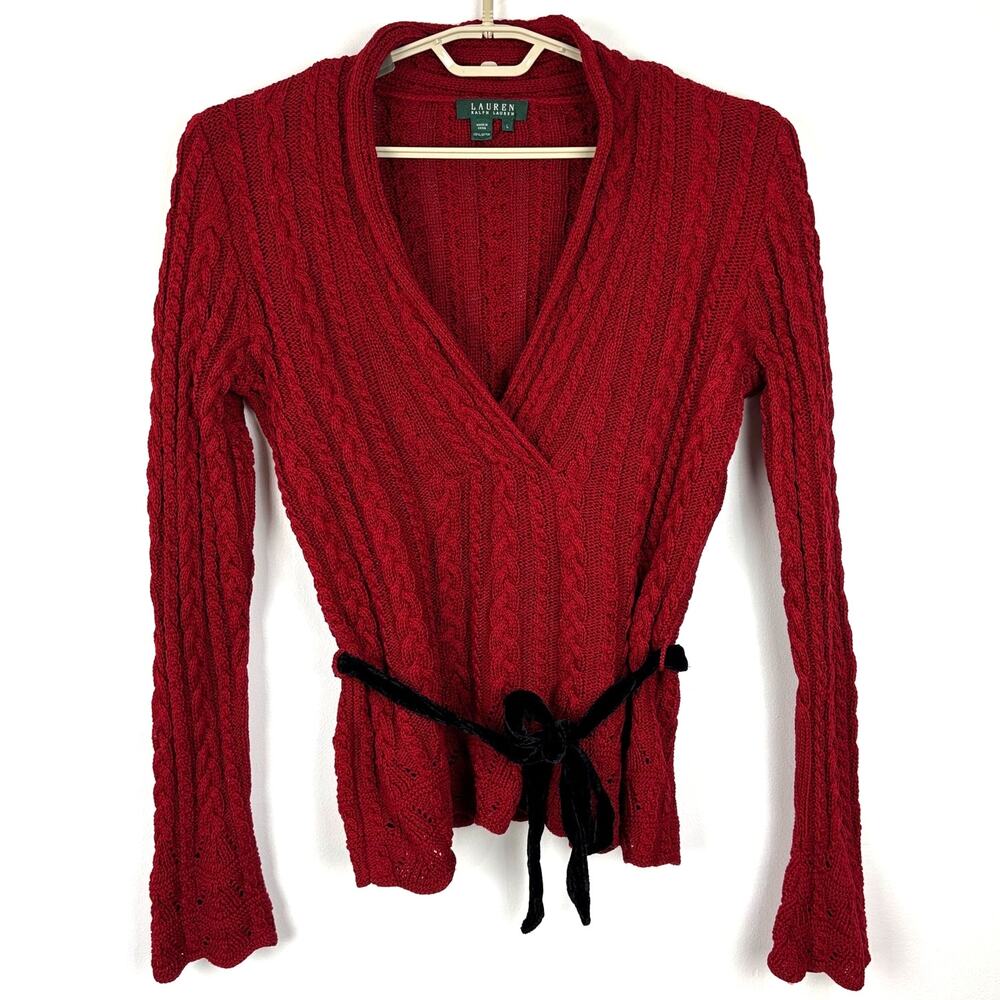 Lauren Ralph Lauren Red Cable Knit Sweater Shawl Neck Bell Sleeve Large cotton